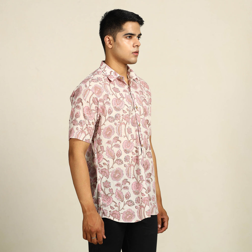 Pink - Sanganeri Block Printed Cotton Men Half Sleeve Shirt 13