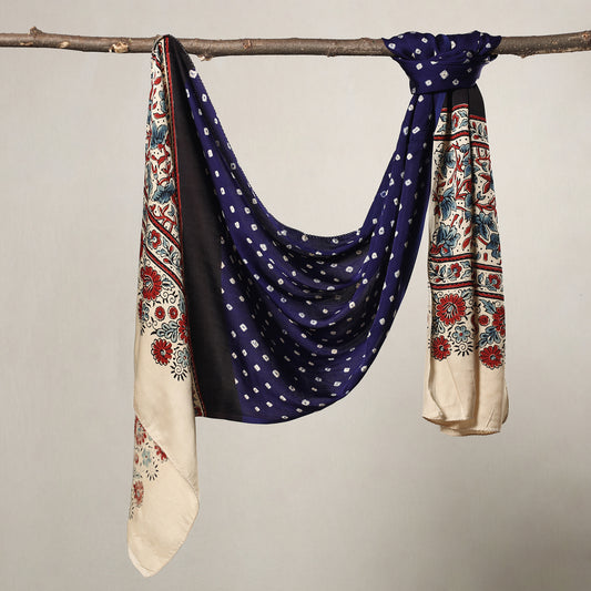 Blue - Kutch Bandhani Tie-Dye Ajrakh Block Printed Modal Silk Stole