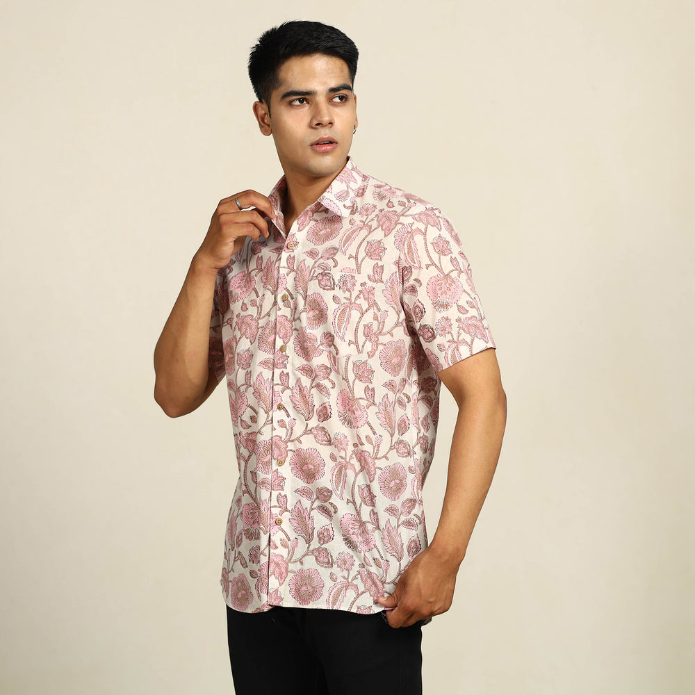 Pink - Sanganeri Block Printed Cotton Men Half Sleeve Shirt 13