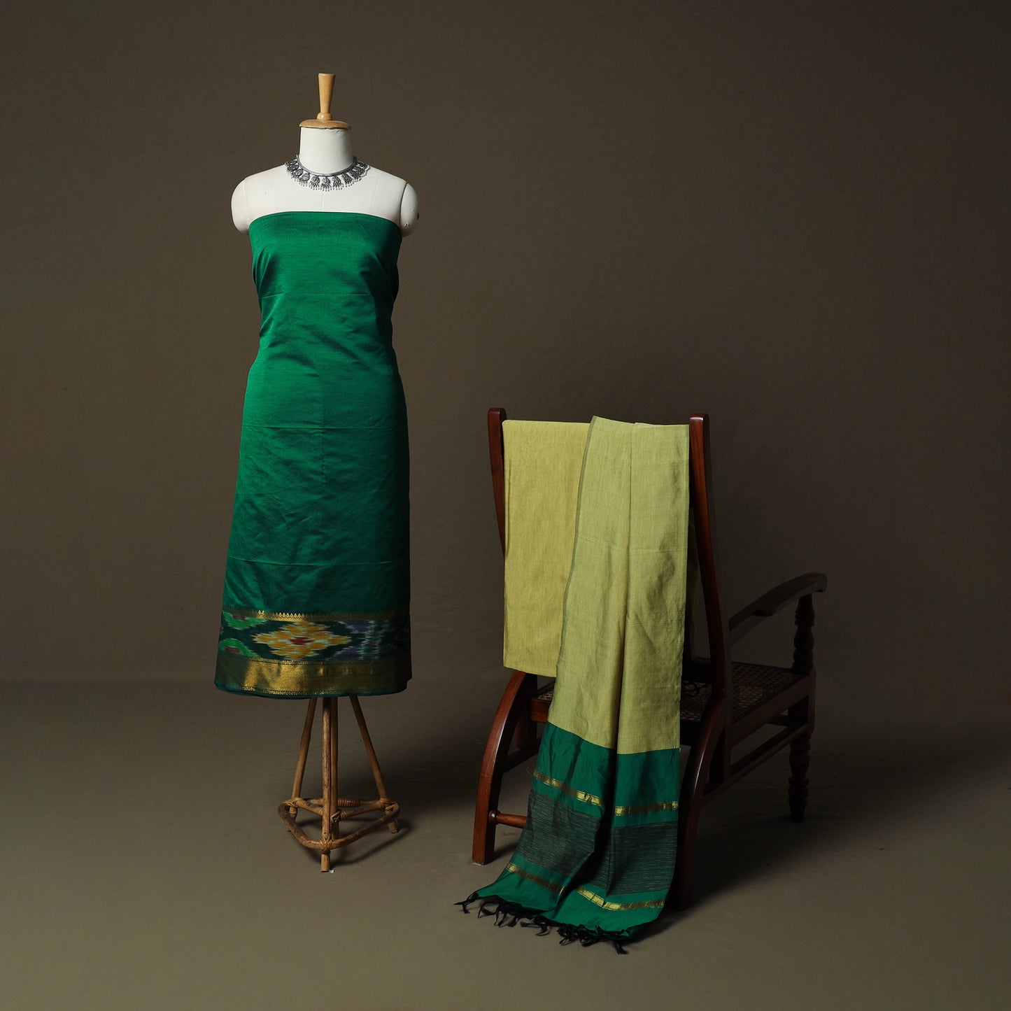 Green - Pochampally Ikat Silk Cotton 3pc Unstitched Dress Material Suit Set 46