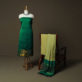 Green - Pochampally Ikat Silk Cotton 3pc Unstitched Dress Material Suit Set 46