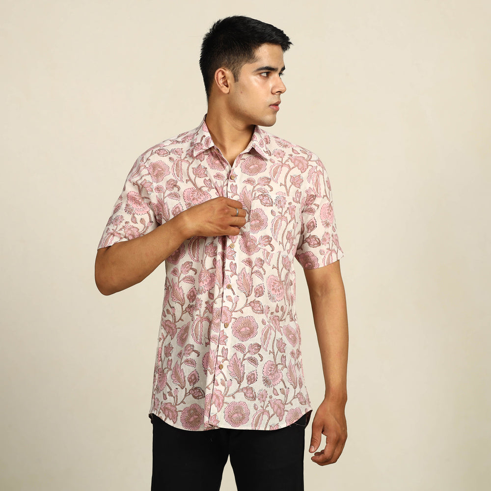 Pink - Sanganeri Block Printed Cotton Men Half Sleeve Shirt 13