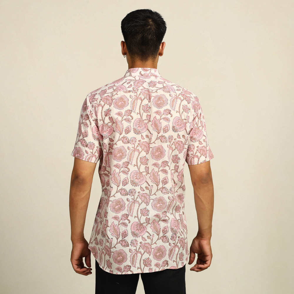 Pink - Sanganeri Block Printed Cotton Men Half Sleeve Shirt 13