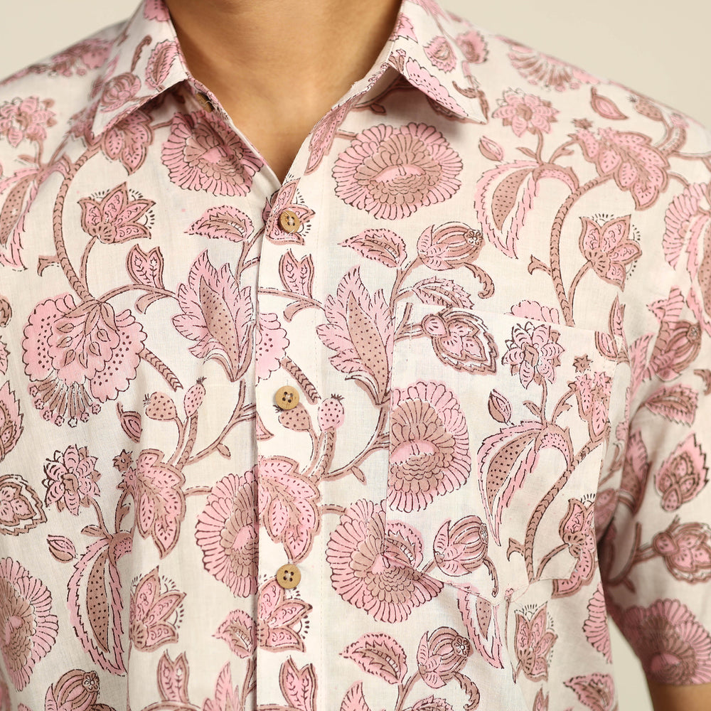 Pink - Sanganeri Block Printed Cotton Men Half Sleeve Shirt 13