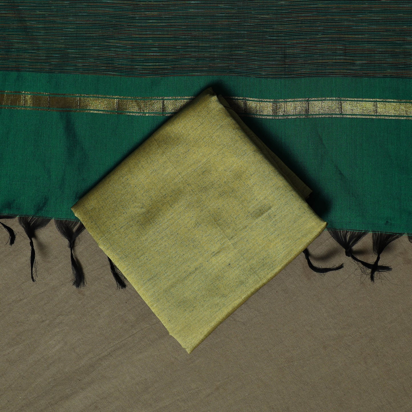 Green - Pochampally Ikat Silk Cotton 3pc Unstitched Dress Material Suit Set 46