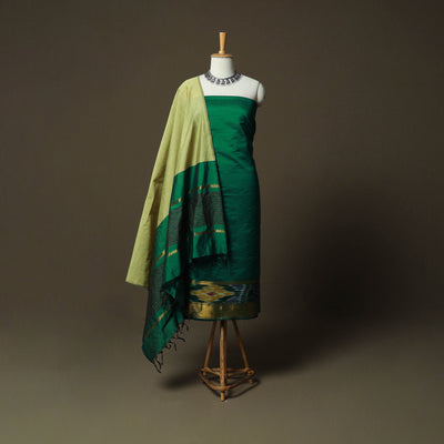 Green - Pochampally Ikat Silk Cotton 3pc Unstitched Dress Material Suit Set 46