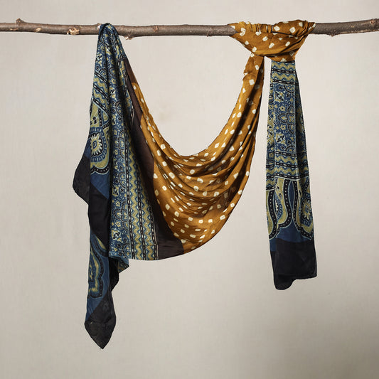 Yellow - Kutch Bandhani Tie-Dye Ajrakh Block Printed Modal Silk Stole