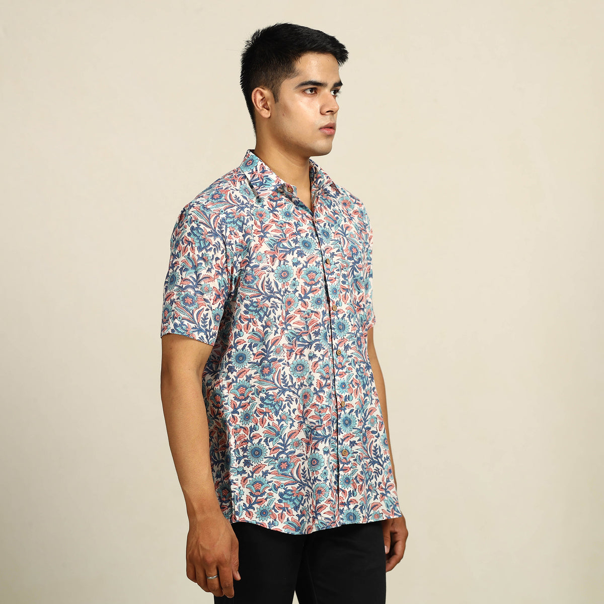 Multicolor - Sanganeri Block Printed Cotton Men Half Sleeve Shirt 16