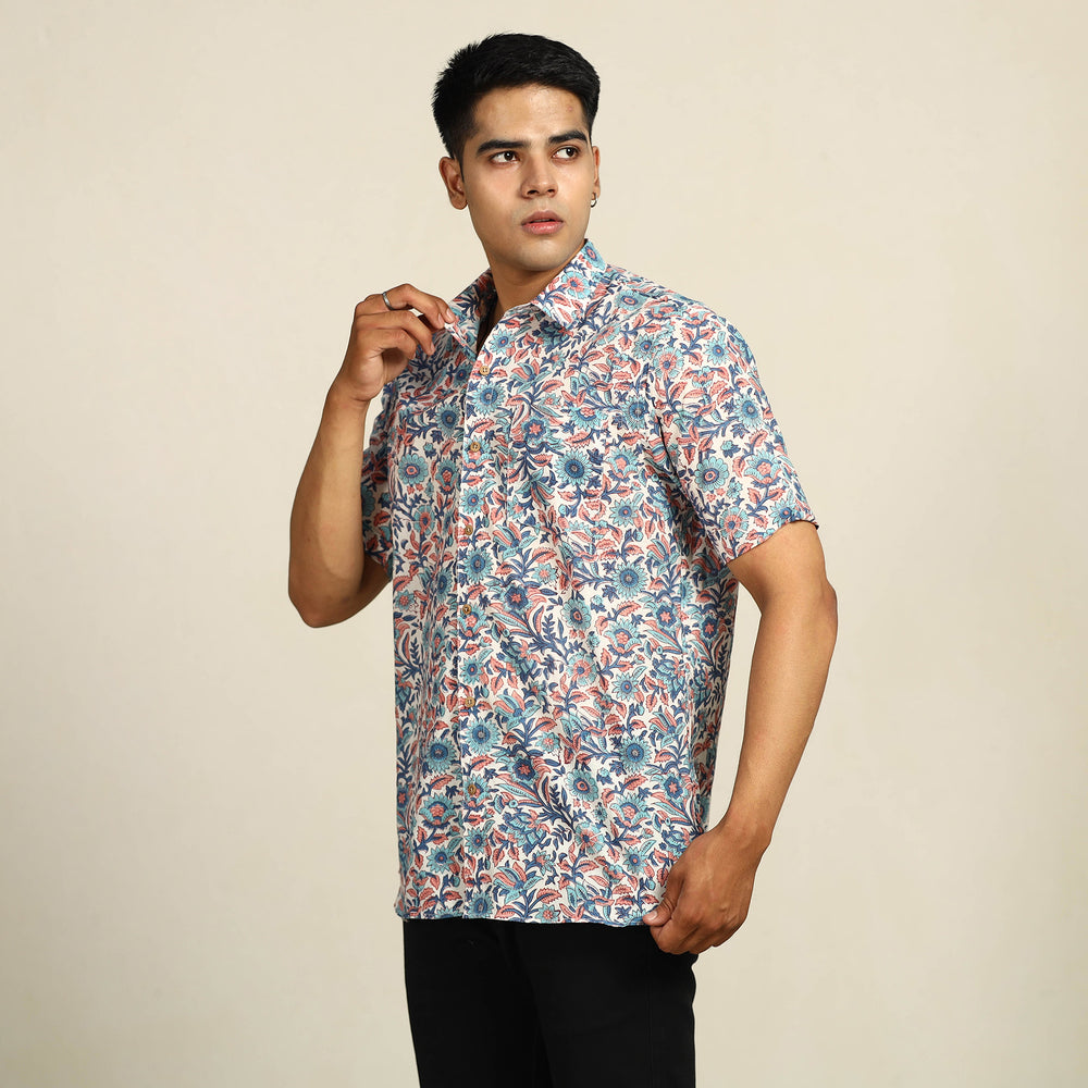 Multicolor - Sanganeri Block Printed Cotton Men Half Sleeve Shirt 16