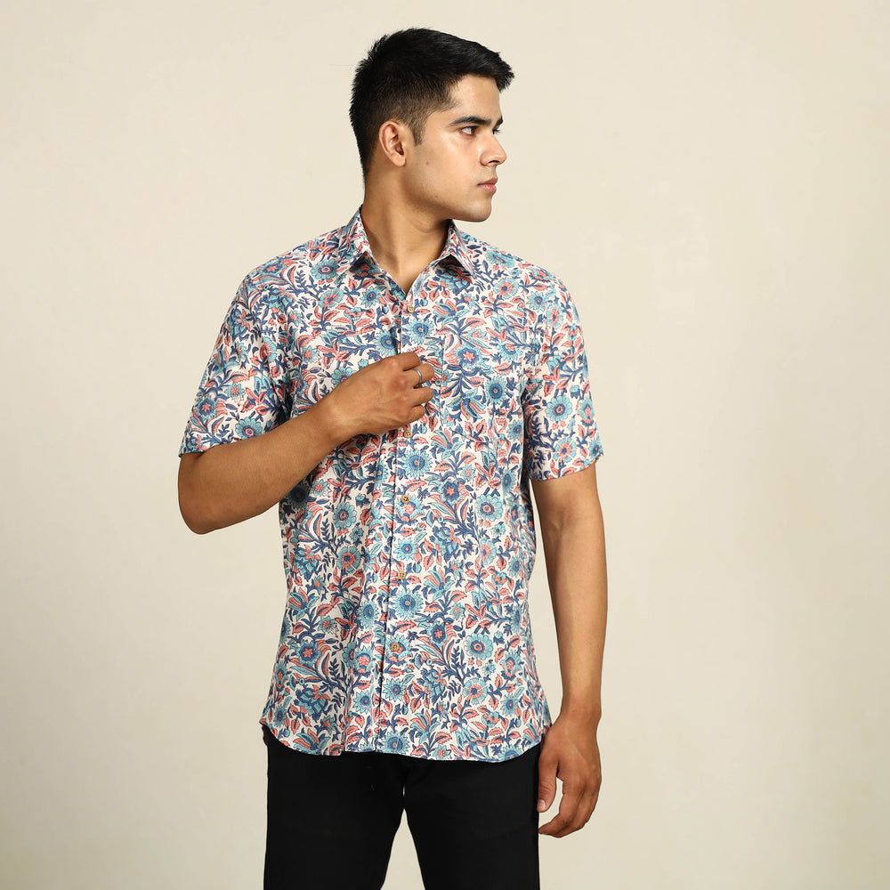 Multicolor - Sanganeri Block Printed Cotton Men Half Sleeve Shirt 16