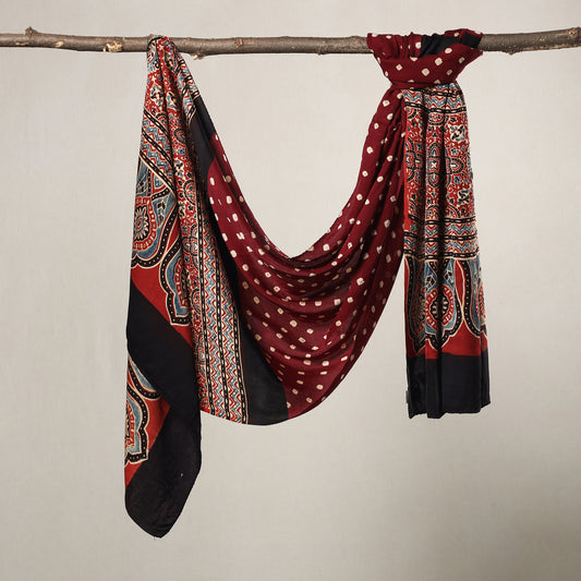 Red - Kutch Bandhani Tie-Dye Ajrakh Block Printed Modal Silk Stole