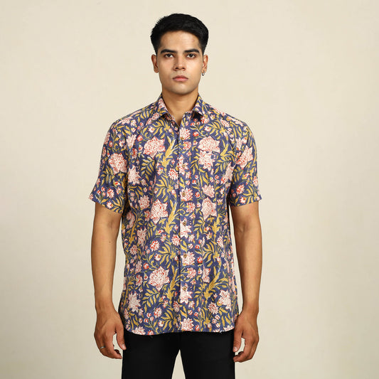 Sanganeri Block Printed Cotton Men Half Sleeve Shirt 17