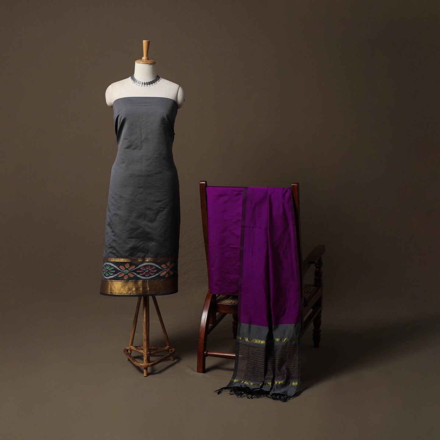 Pochampally Ikat Silk Cotton 3pc Unstitched Dress Material Suit Set 12
