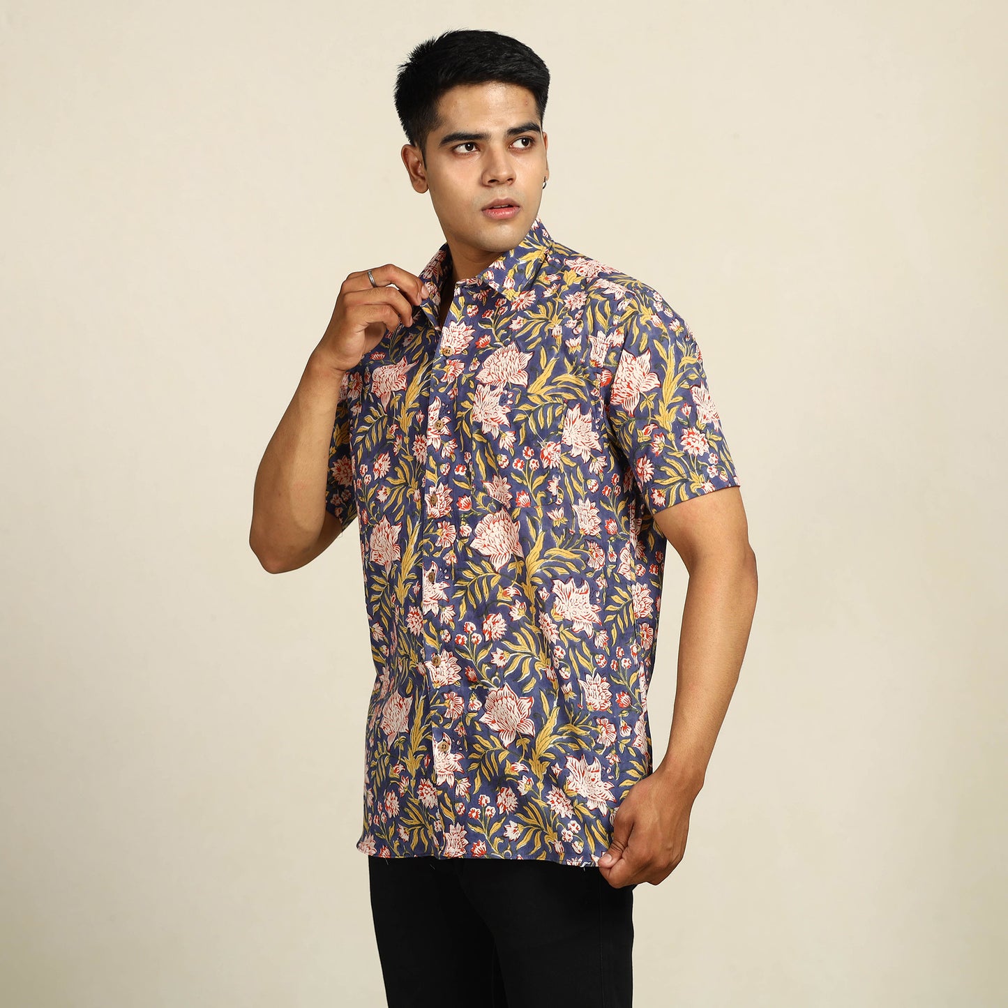 Blue - Sanganeri Block Printed Cotton Men Half Sleeve Shirt 17