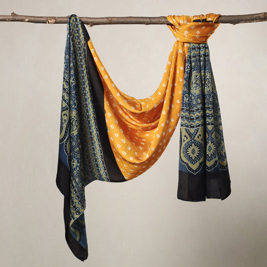 Yellow - Kutch Bandhani Tie-Dye Ajrakh Block Printed Modal Silk Stole