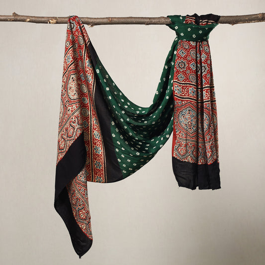 Green - Kutch Bandhani Tie-Dye Ajrakh Block Printed Modal Silk Stole