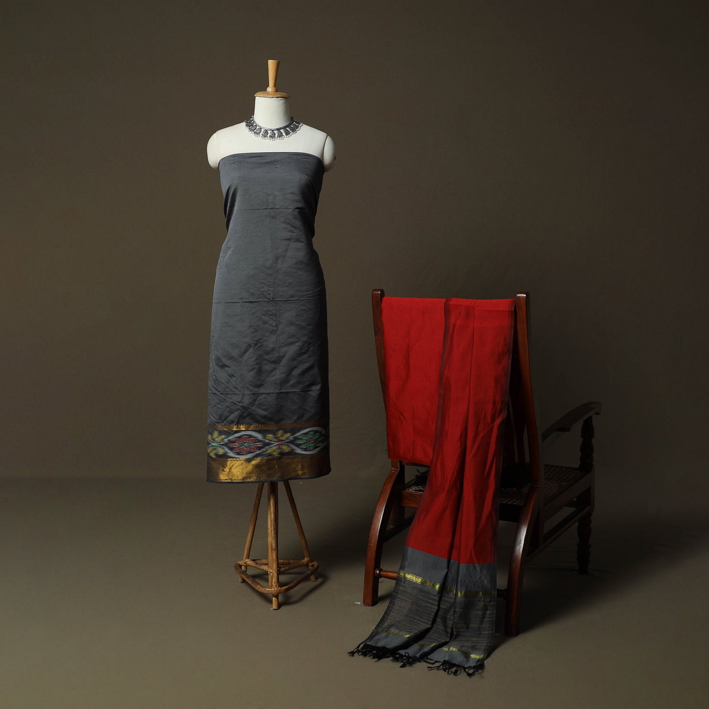 Pochampally Ikat Silk Cotton 3pc Unstitched Dress Material Suit Set 48