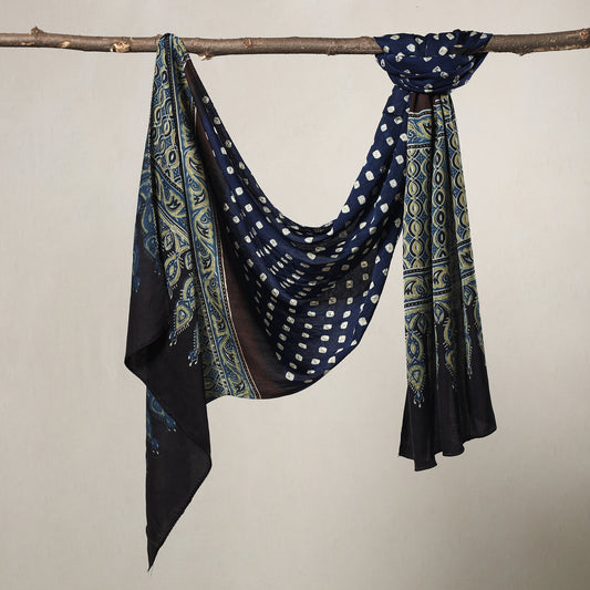 Blue - Kutch Bandhani Tie-Dye Ajrakh Block Printed Modal Silk Stole