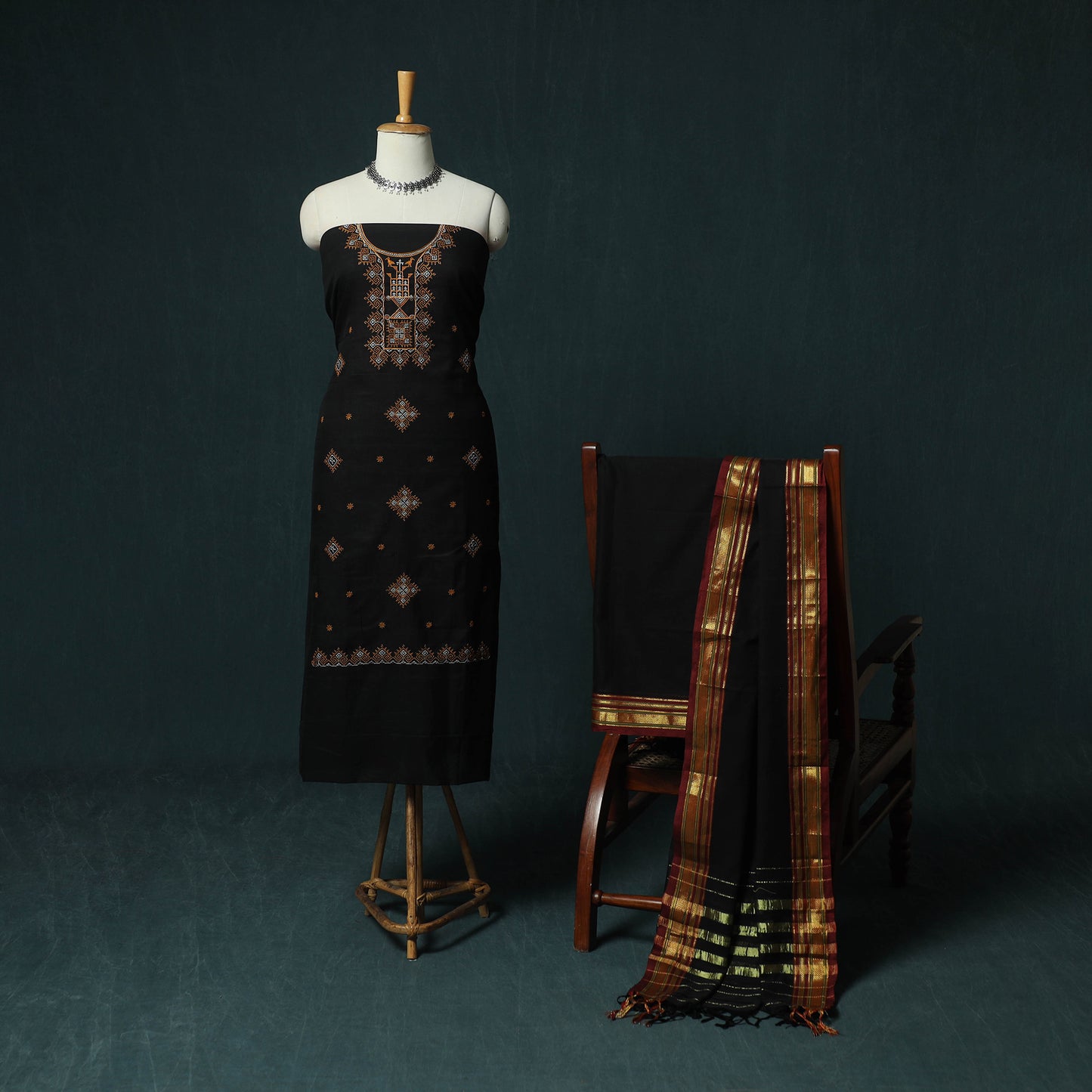 Black - Ilkal Kasuti Embroidery Cotton 3pc Unstitched Dress Material Suit Set 07