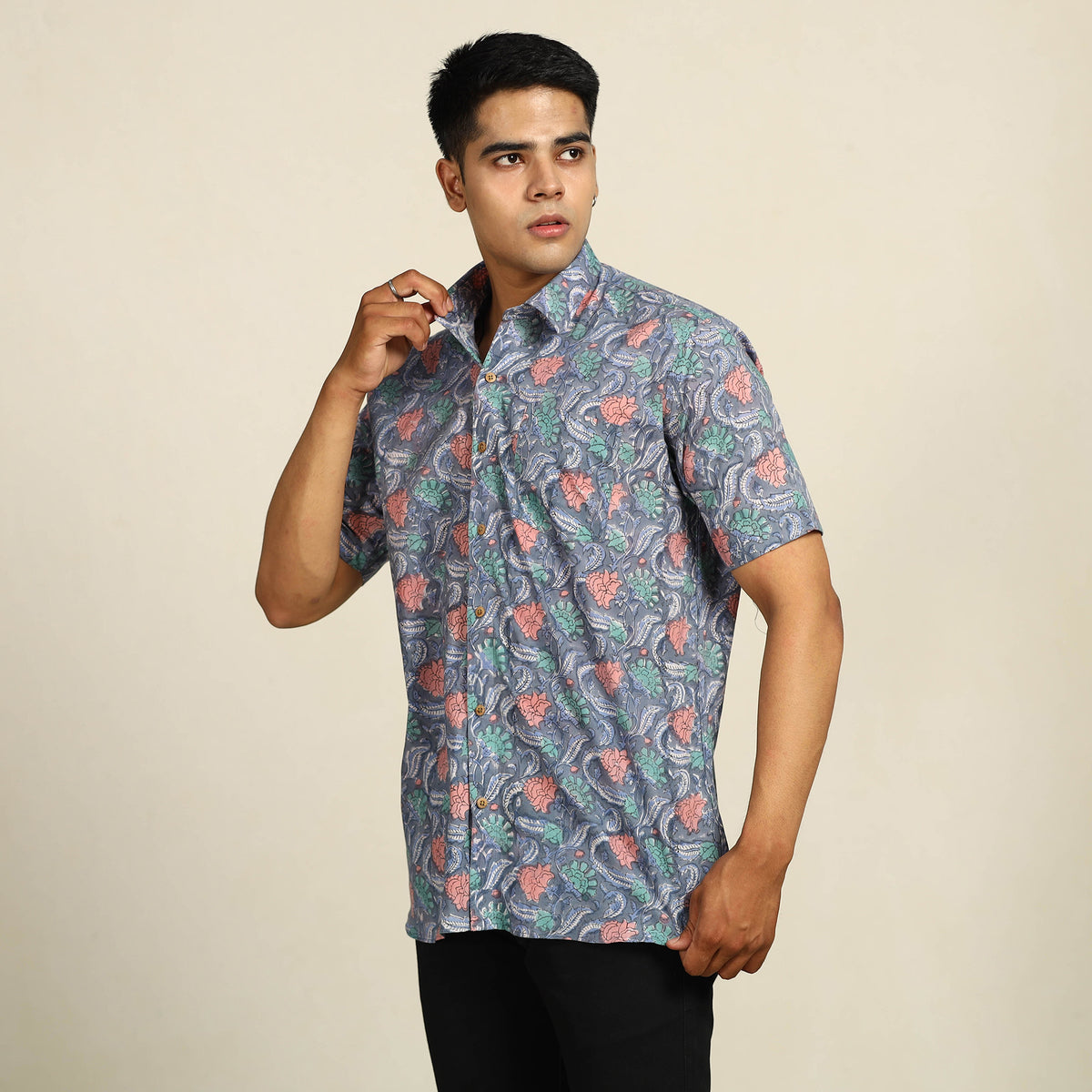 Blue - Sanganeri Block Printed Cotton Men Half Sleeve Shirt 10