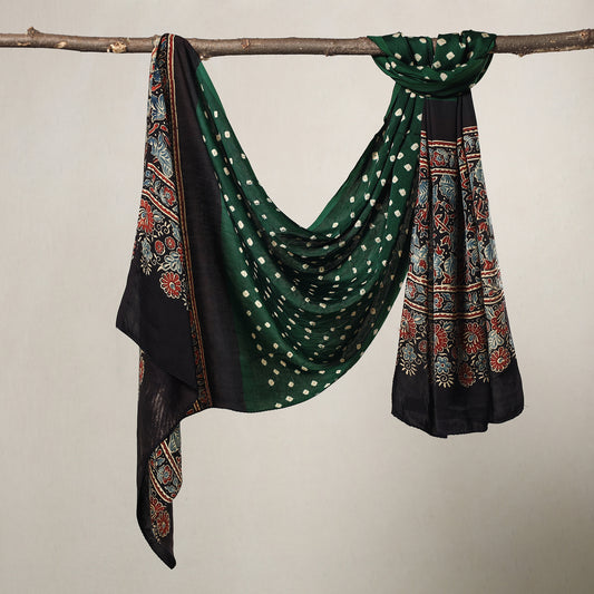Green - Kutch Bandhani Tie-Dye Ajrakh Block Printed Modal Silk Stole