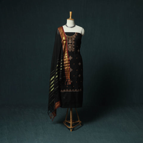 Black - Ilkal Kasuti Embroidery Cotton 3pc Unstitched Dress Material Suit Set 07