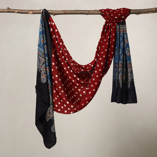 Red - Kutch Bandhani Tie-Dye Ajrakh Block Printed Modal Silk Stole