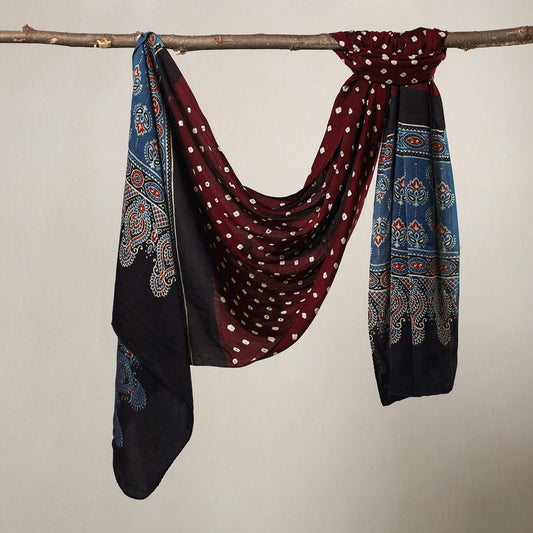 Maroon - Kutch Bandhani Tie-Dye Ajrakh Block Printed Modal Silk Stole