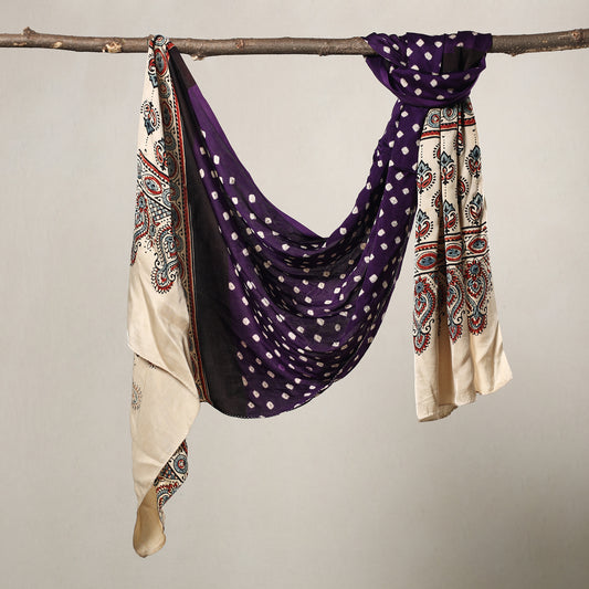 Purple - Kutch Bandhani Tie-Dye Ajrakh Block Printed Modal Silk Stole
