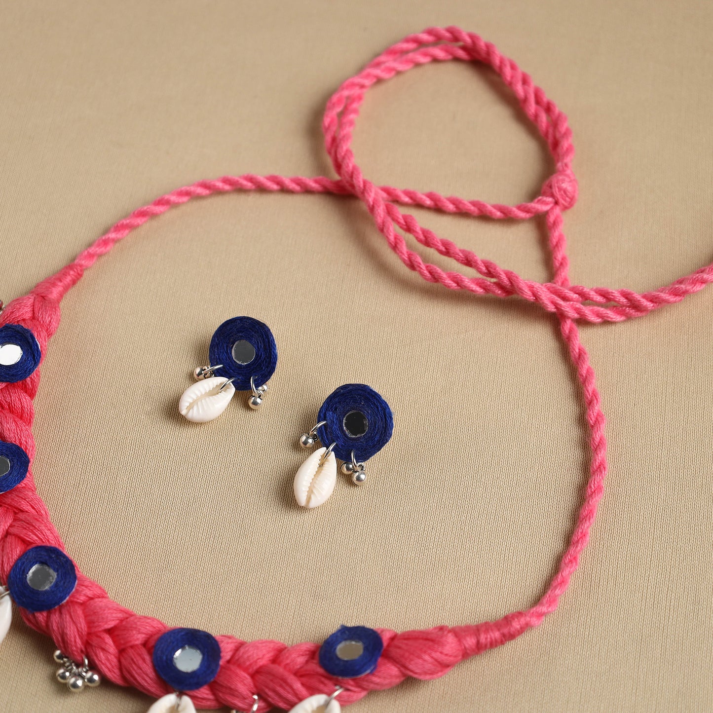 Pink - thread braided shell choker necklace set 02