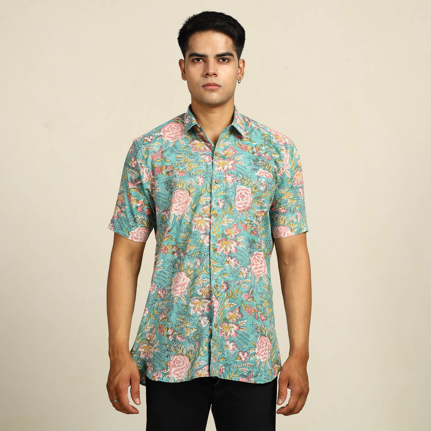 Green - Sanganeri Block Printed Cotton Men Half Sleeve Shirt 15