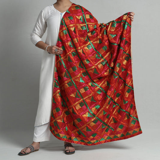 Red - Phulkari Hand Embroidery Cotton Dupatta