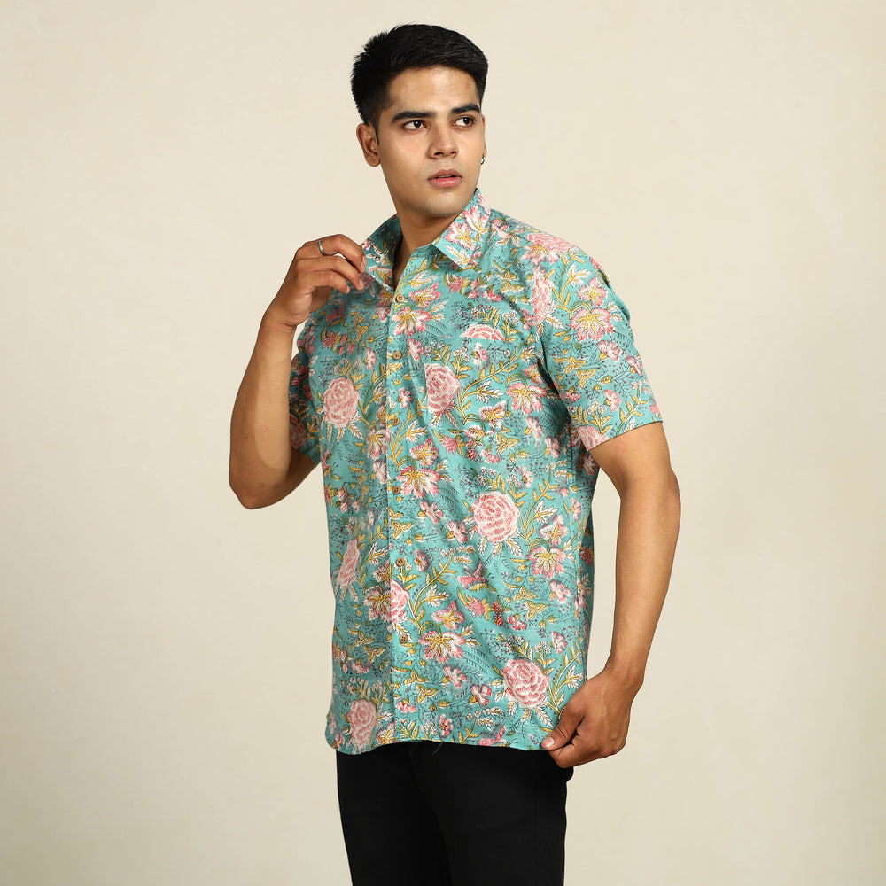 Green - Sanganeri Block Printed Cotton Men Half Sleeve Shirt 15