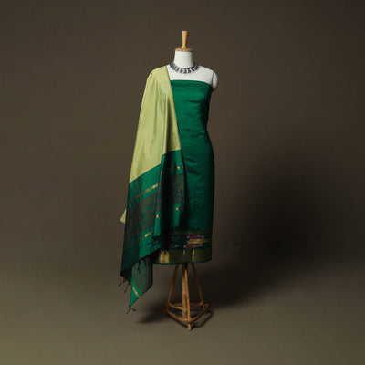 Green - Pochampally Ikat Silk Cotton 3pc Unstitched Dress Material Suit Set 51