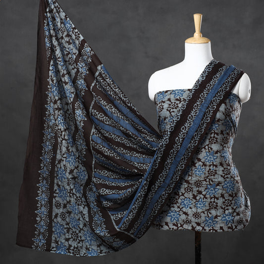 Grey - 3pc Kutch Batik Printed Cotton Suit Material Set
