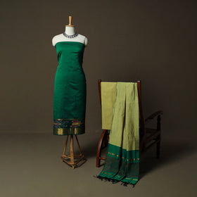 Green - Pochampally Ikat Silk Cotton 3pc Unstitched Dress Material Suit Set 51