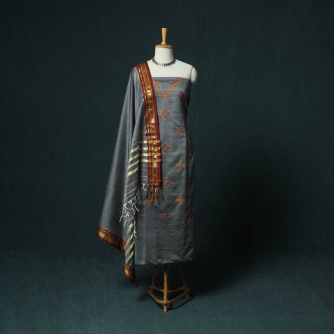 Grey - Ilkal Kasuti Embroidery Cotton 3pc Unstitched Dress Material Suit Set 09