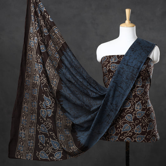 Brown - 3pc Kutch Batik Printed Cotton Suit Material Set