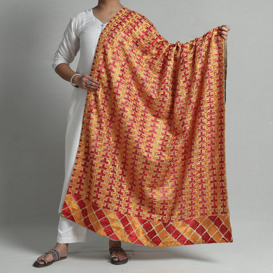 Orange - Phulkari Hand Embroidery Cotton Dupatta