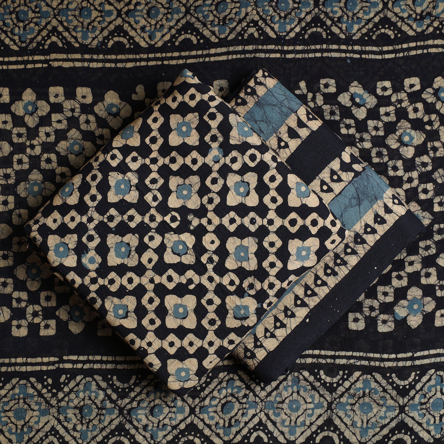 Black - 3pc Kutch Batik Printed Cotton Suit Material Set