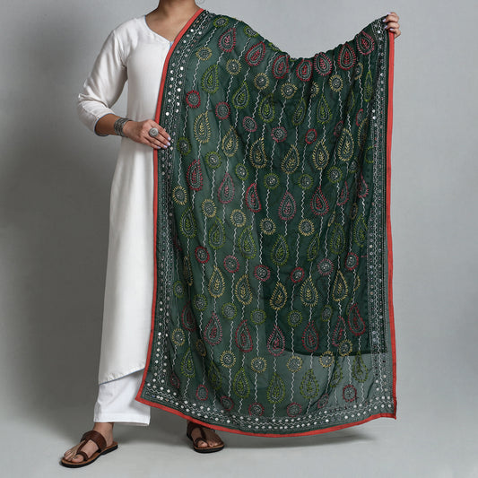 Green - Ranihati Georgette Chapa Work Phulkari Embroidered Dupatta