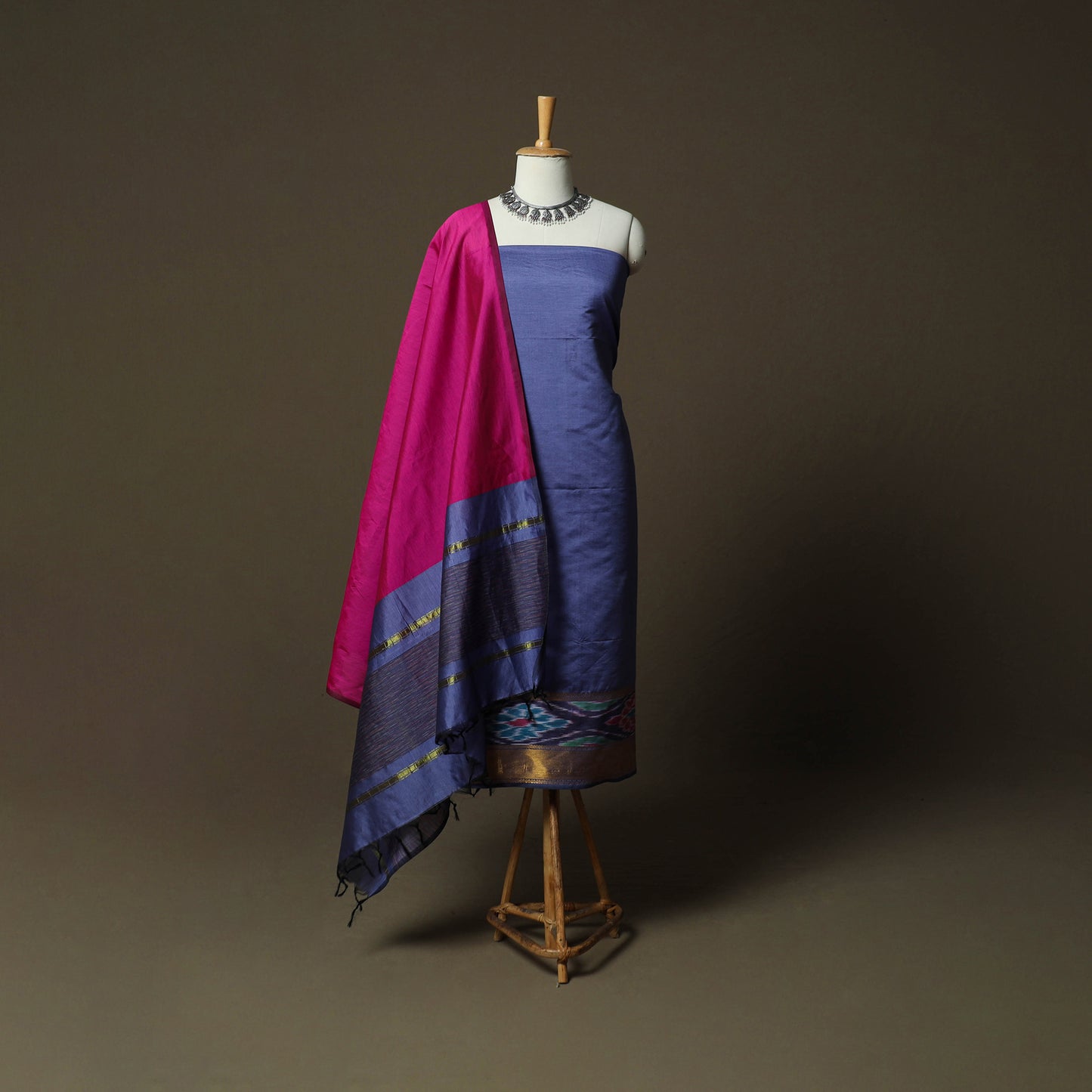 Blue - Pochampally Ikat Silk Cotton 3pc Unstitched Dress Material Suit Set 56