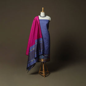 Blue - Pochampally Ikat Silk Cotton 3pc Unstitched Dress Material Suit Set 56