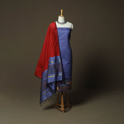 Blue - Pochampally Ikat Silk Cotton 3pc Unstitched Dress Material Suit Set 57