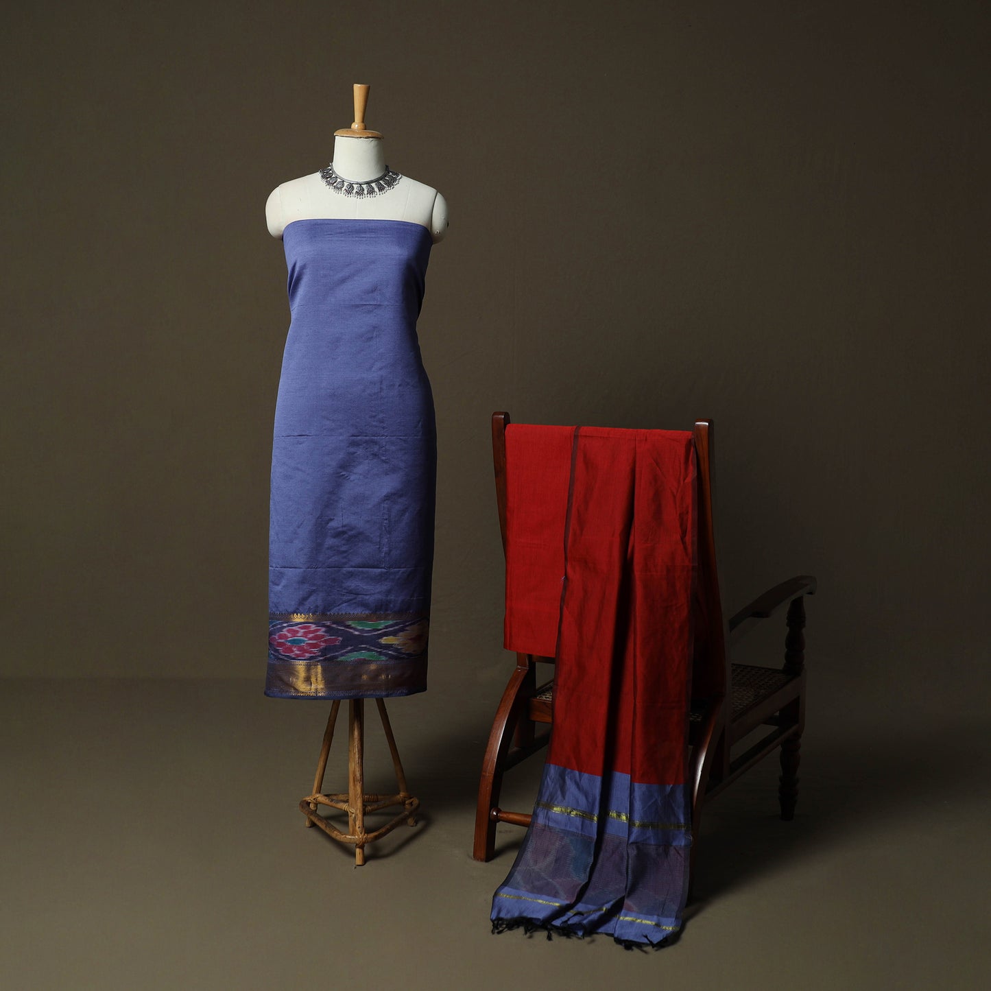 Blue - Pochampally Ikat Silk Cotton 3pc Unstitched Dress Material Suit Set 57