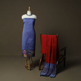 Blue - Pochampally Ikat Silk Cotton 3pc Unstitched Dress Material Suit Set 57