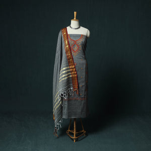 Grey - Ilkal Kasuti Embroidery Cotton 3pc Unstitched Dress Material Suit Set 14
