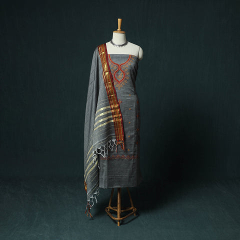 Grey - Ilkal Kasuti Embroidery Cotton 3pc Unstitched Dress Material Suit Set 14