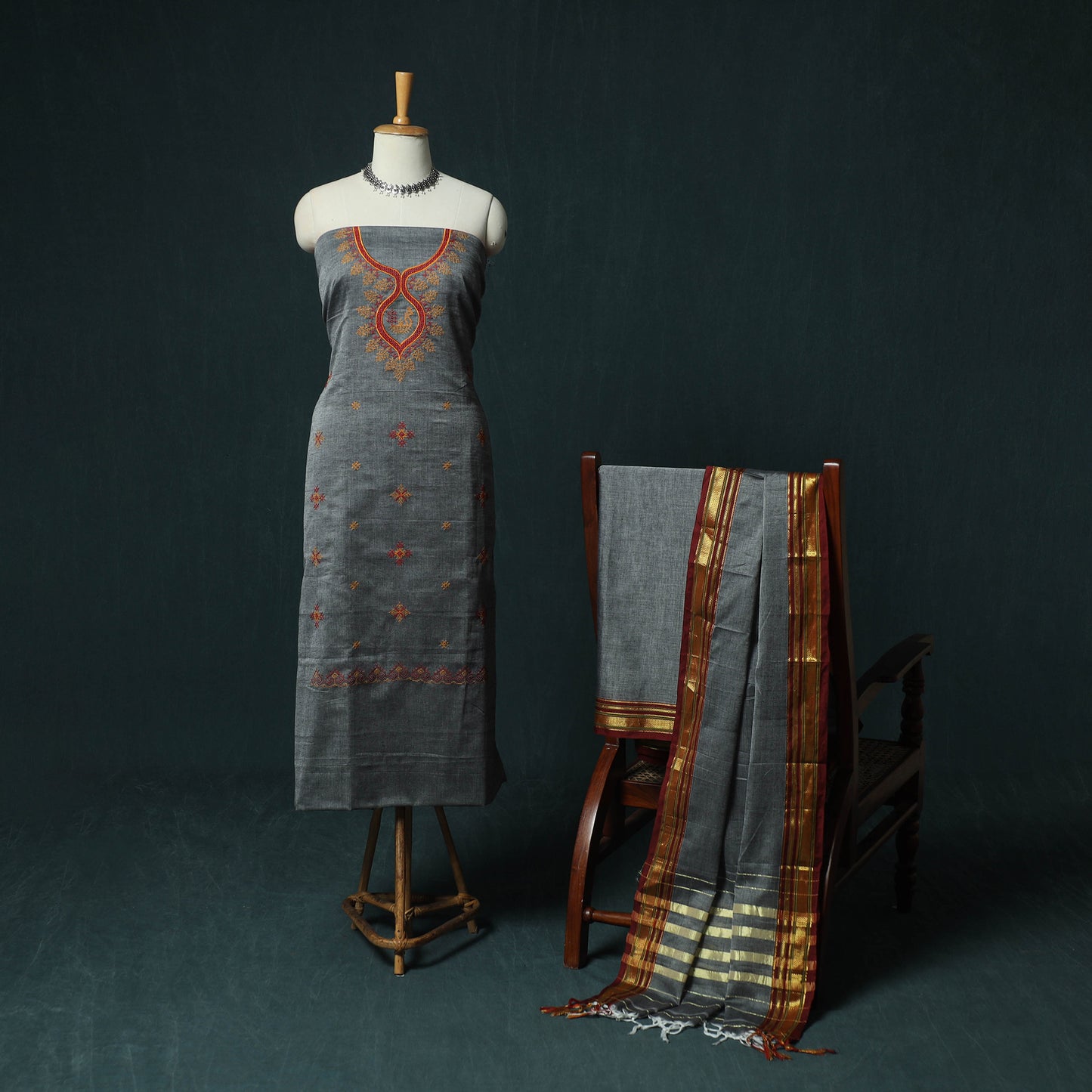 Grey - Ilkal Kasuti Embroidery Cotton 3pc Unstitched Dress Material Suit Set 14