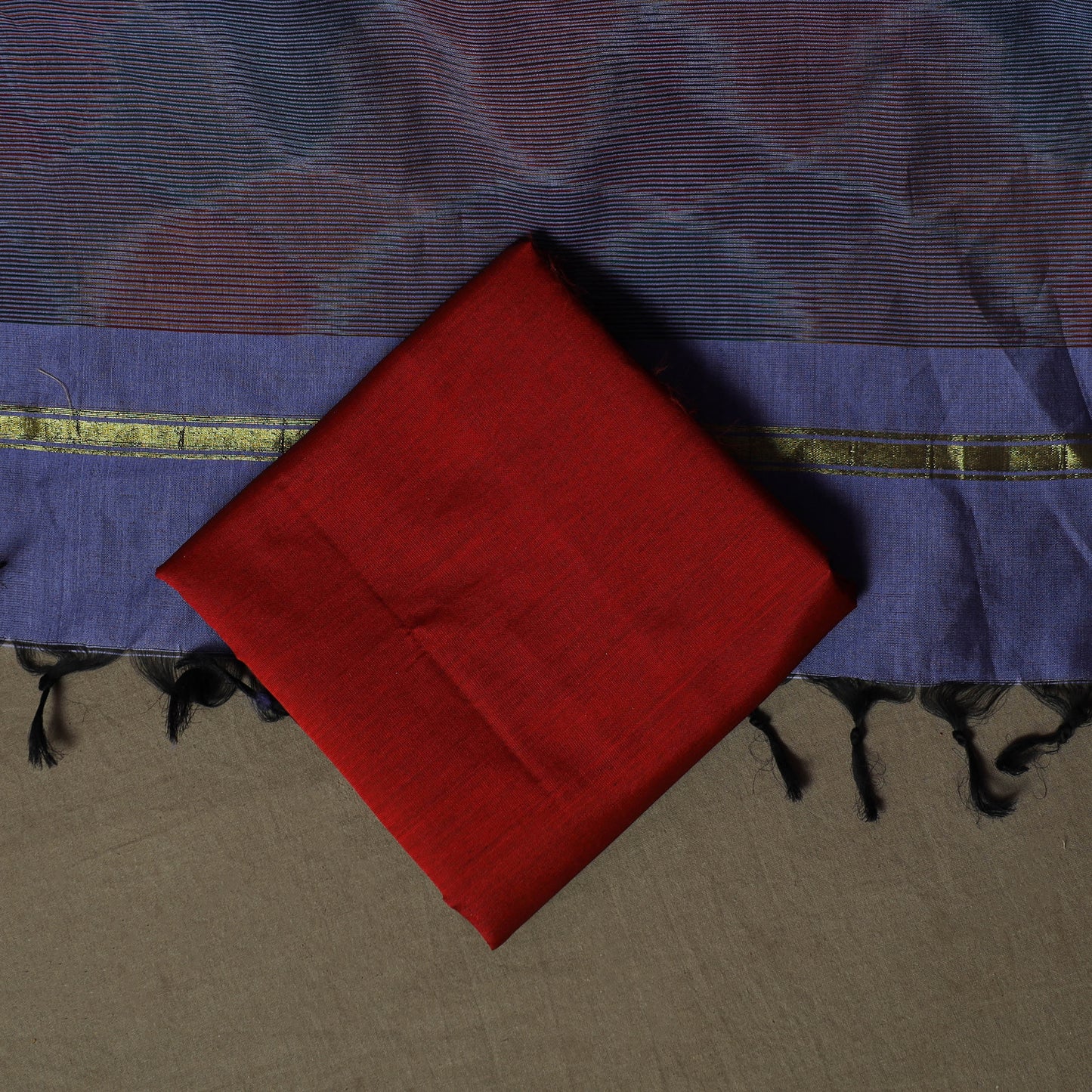 Blue - Pochampally Ikat Silk Cotton 3pc Unstitched Dress Material Suit Set 57